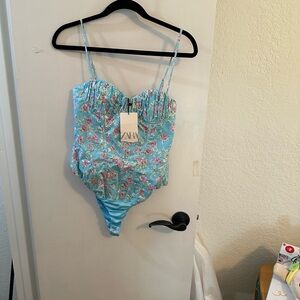 NWT Zara Blue Floral Corset Bodysuit